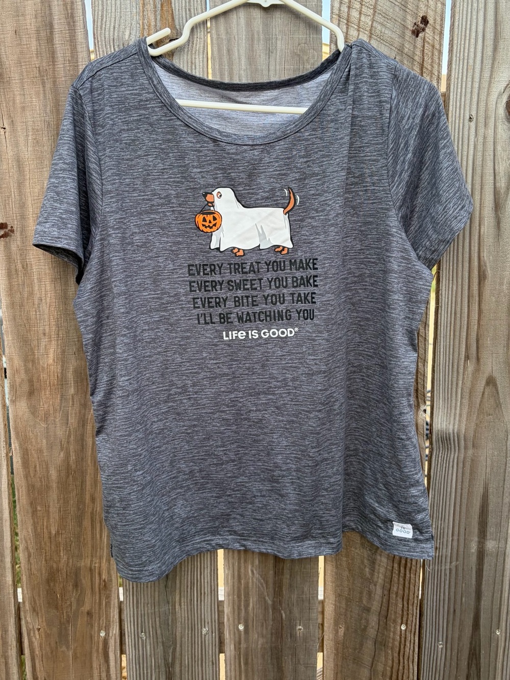 Life is Good Women's Gray Halloween Dog Graphic Tee “Every Treat You Make”.